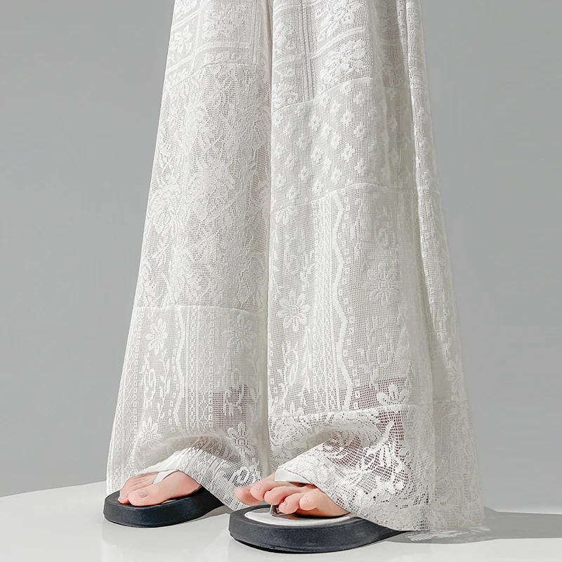 

Elegant High Waist Lace Splicing Wide Leg Pants Women's Base Layer Underwear Summer Thin Style Casual Pants Hollow out