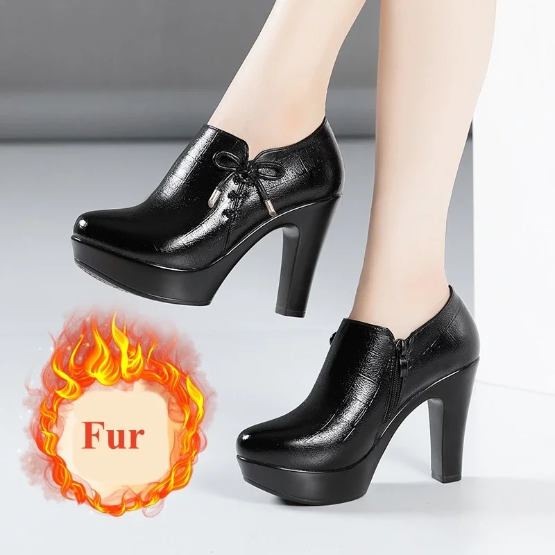 10cm Small Size 32-43 Elegant Black Bow Deep Mouth Thick Bottom Platform Pumps 2024 Winter Block High Heels Shoes Office Model