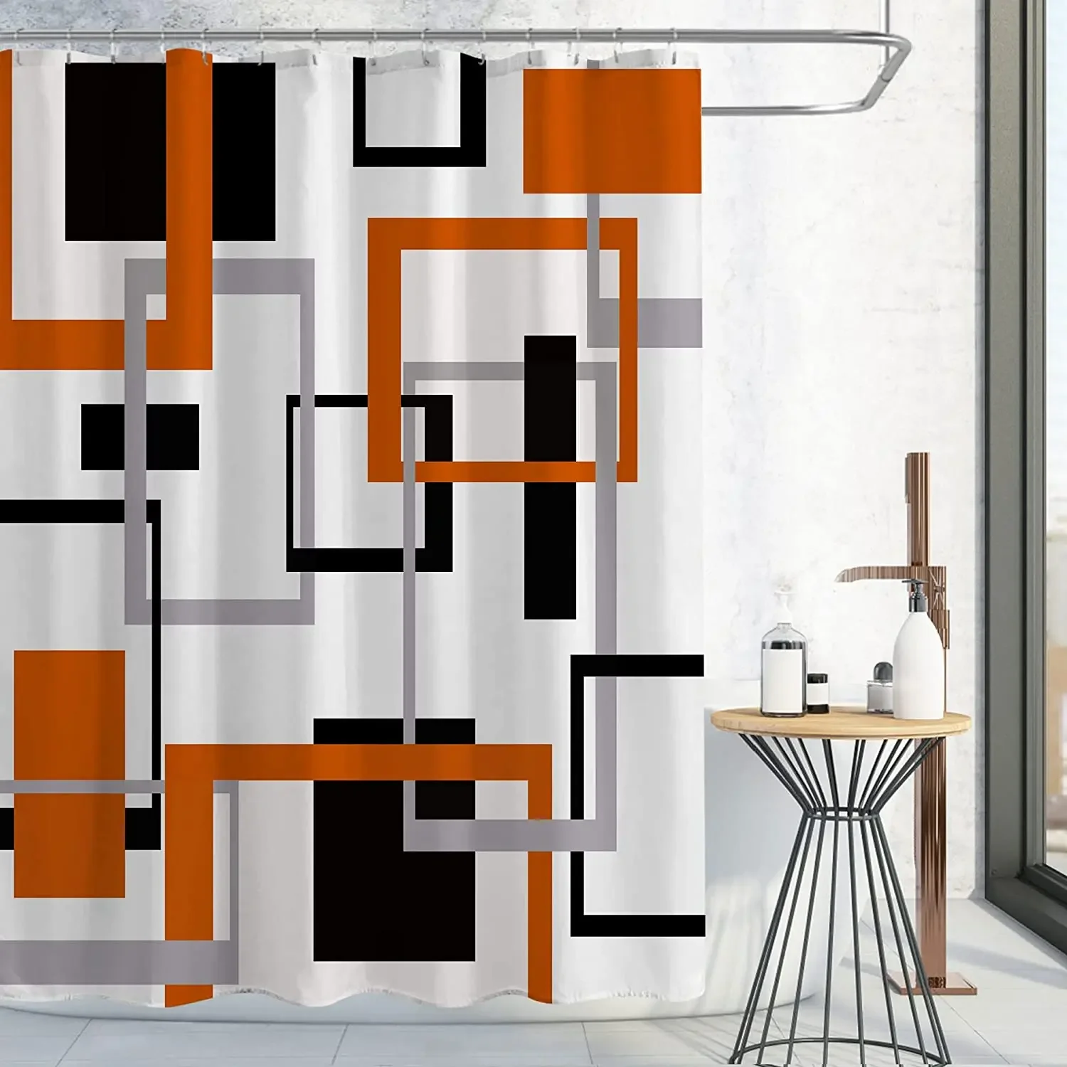 Black and White Shower Curtains Black Grey Geometric Abstract Mid Century Modern Minimalist Fabric Curtain for Bathroom Decor