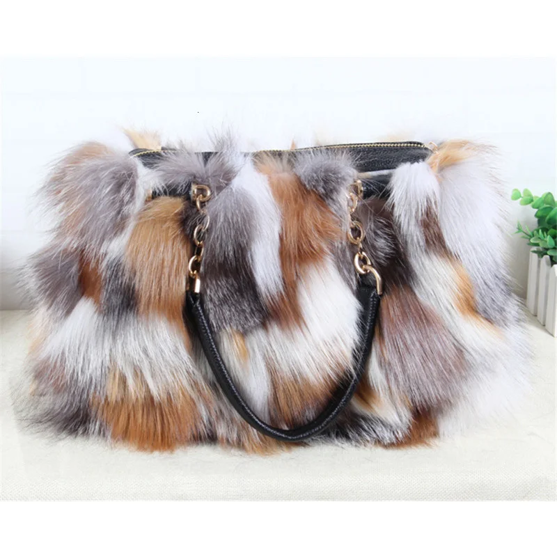 Real Fox Fur Bag Winter Women Handbag Designer Luxury Bag Evening Party Bags Leather High Quality Shoulder Bag Natural Fur Bag