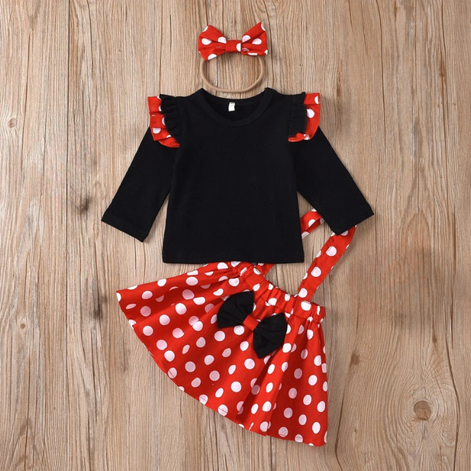 1-5 Years Children Outfit Baby Clothing Set Girl Summer Birthday Costume Kids Dots Tops Skirt Minnie Cosplay Dress with Headband