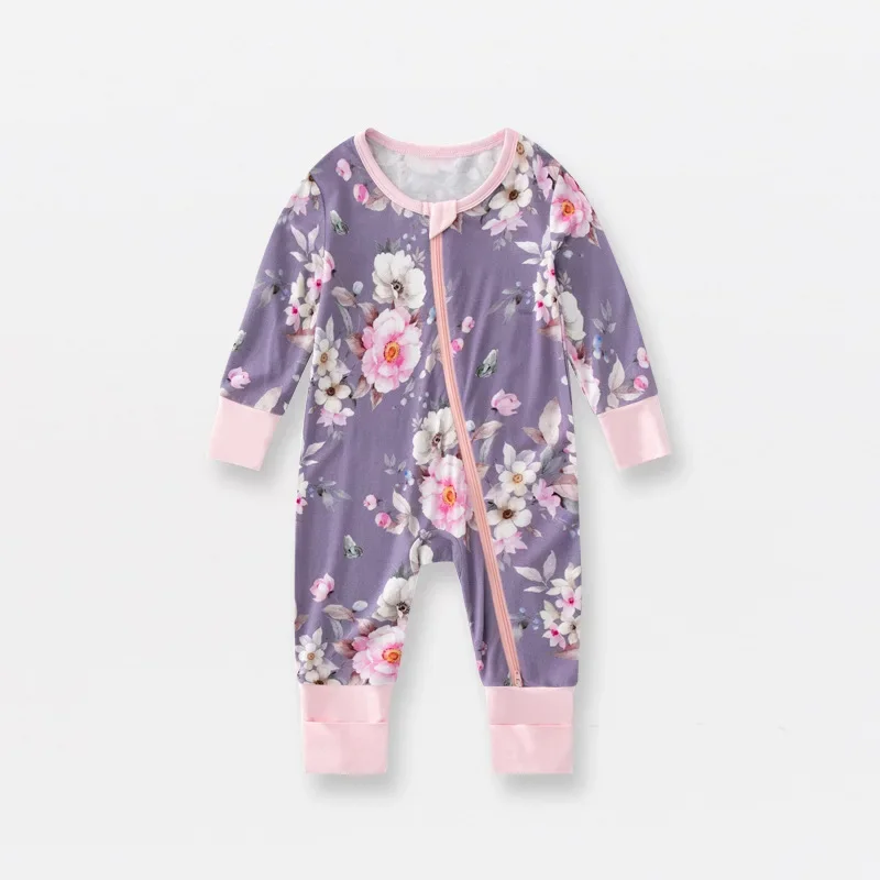 Newborn Bamboo Fiber Soft Jumpsuit Long Sleeve Flower Print Baby Boys Girls Rompers Kids Clothes Climb Suits Zipper Sleepwear