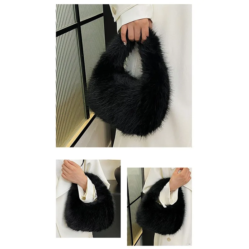 

Fashion Soft Plush Half Moon Bags for Women Designer Fluffy Faux Fur Lady Handbags Luxury Small Tote Female Winter Purses