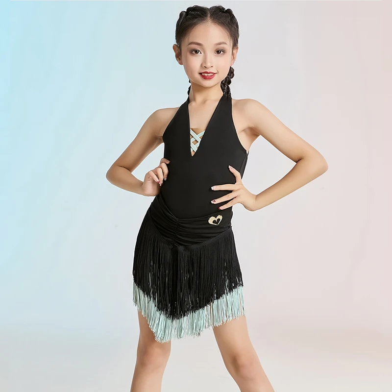 

Black Halter Latin Dance Suit Girls Summer Dance Performance Clothes Fringe Dance Skirt Kids Latin Rumba Practice Dancewear 2270