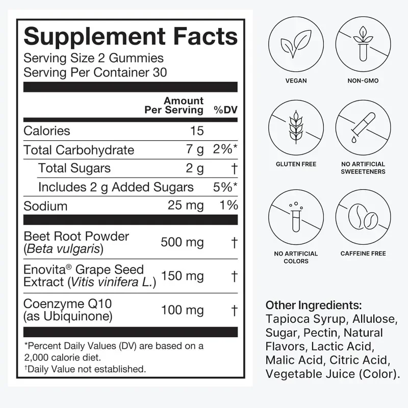 Advanced Heart-shaped Gummies - Coenzyme Q10 100mg with Beetroot Powder and Grape Seed Extract, Super Beet Gummies 60 Capsules