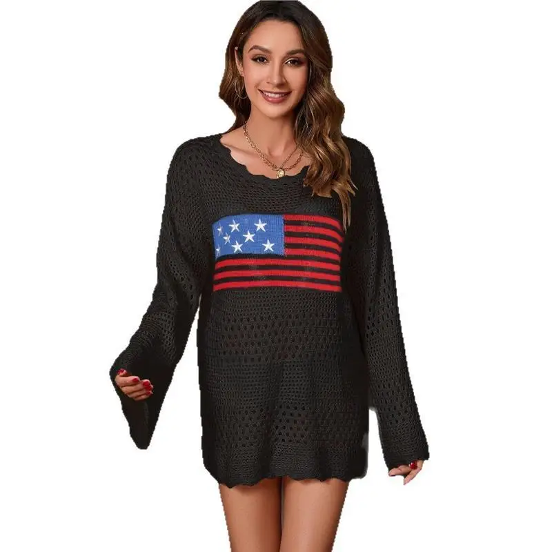 Faionable round Ne Flag Pattern Easter Independent Day Women's Cover up Sweater Thin Long Sve Triacetate Fiber