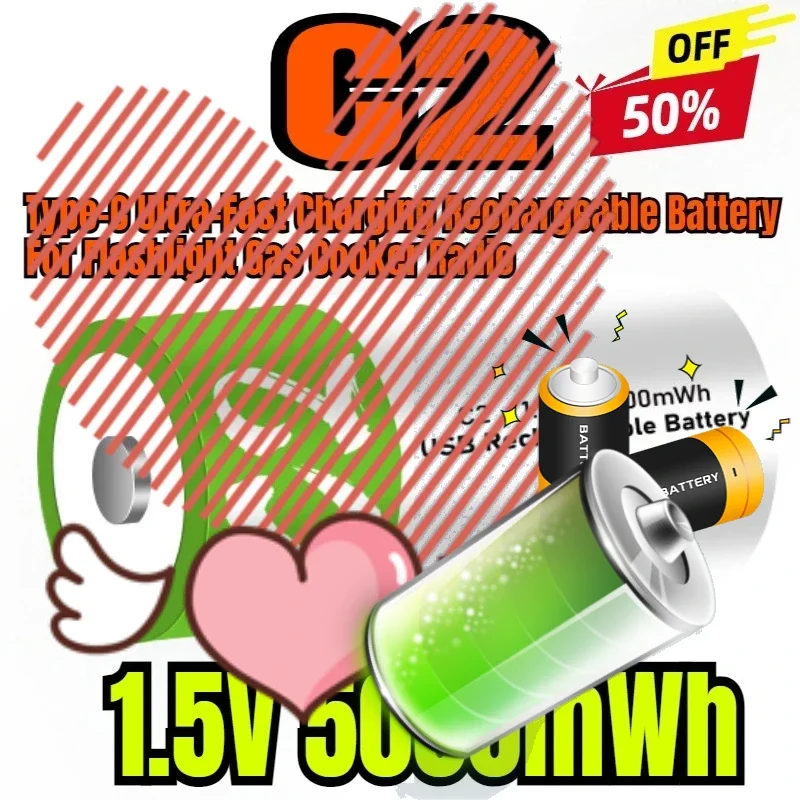 

1.5V C2 5000mWh Li-po lithium Battery Type-C Ultra-Fast Charging Rechargeable Battery For Flashlight Gas Cooker Radio