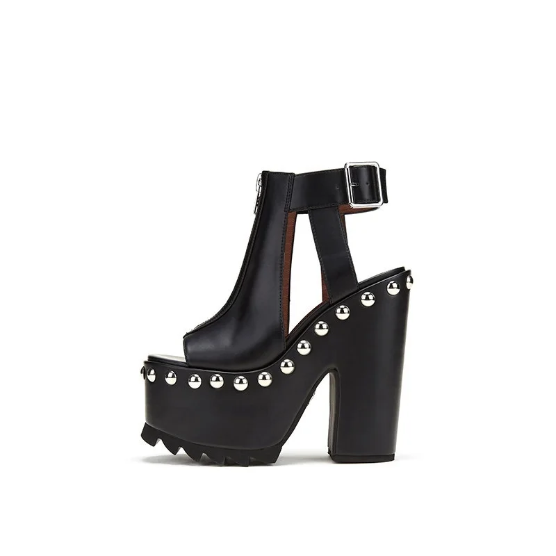 Black Studd Peep Toe Platform Block Heel Sandals Ankle Buckle Gothic Punk Women Rock Festival Street Edgy Daily Summer Footwear