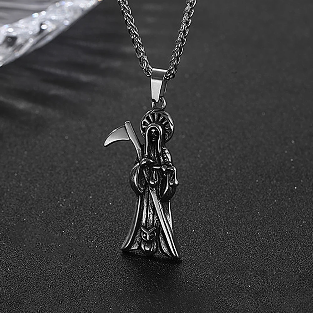 Punk Retro Skull Death Scythe Pendant Gothic Stainless Steel Owl Men\'s Necklace Creative Biker Amulet Jewelry Gifts Wholesale