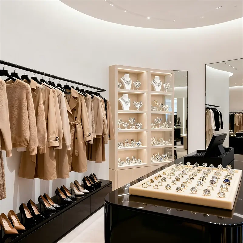 Modern Clothing Display Cabinet Glass Showcase with LED Lighting for Retail Store Jewelry Display Hanging Clothes Open