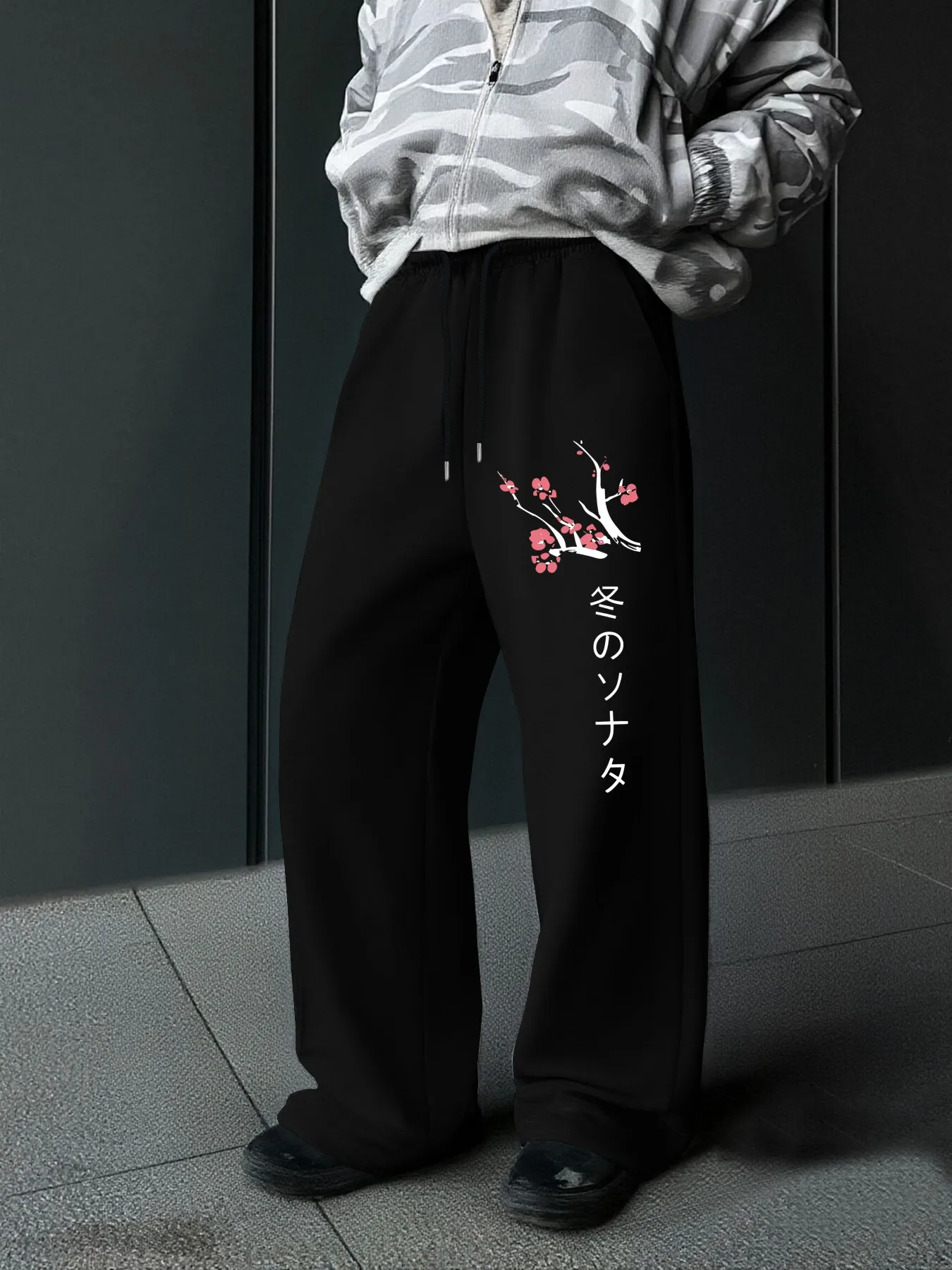Men's Japanese Sakura Print Straight‑Leg Pants, Polyester Casual Drawstring Joggers, Hip Hop Streetwear Daily Trousers S‑3XL