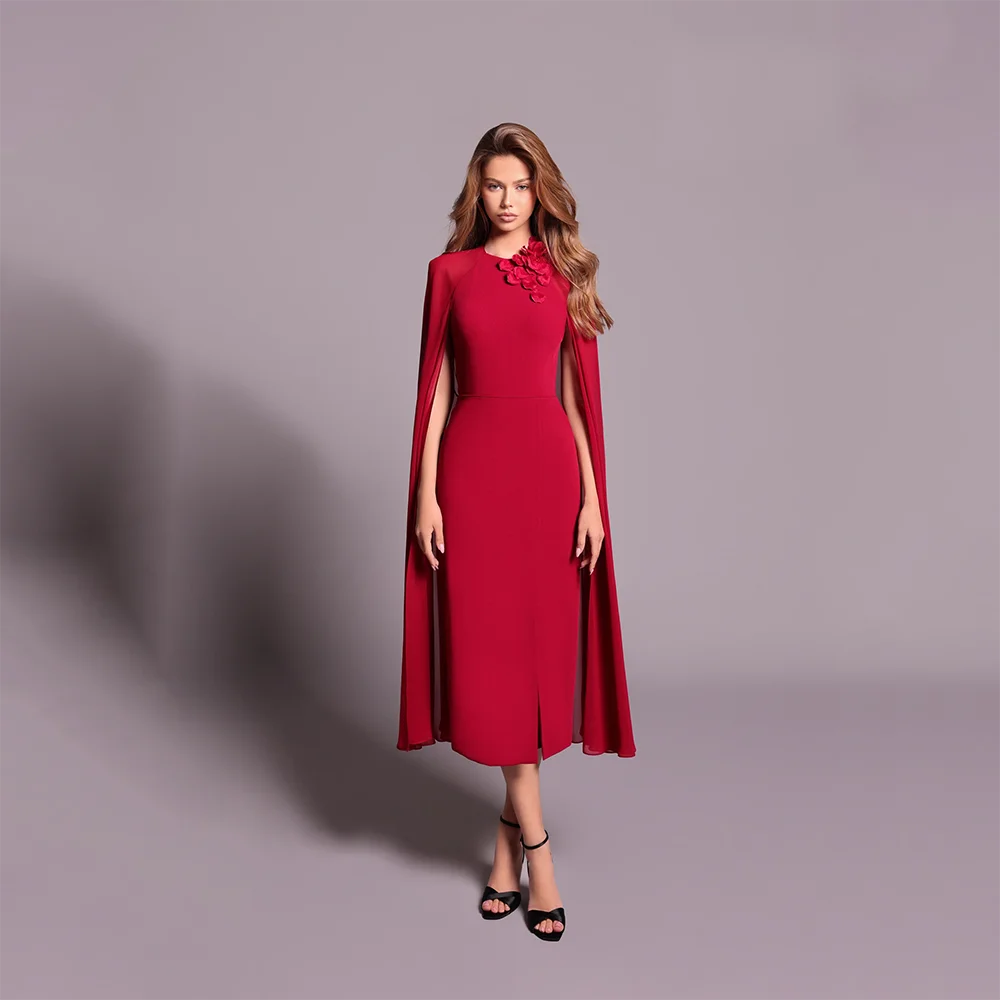 

Customized O-neck Chiffon Shawl Evening Dress Red Flower Embellished Mermaid Prom Gown Straight Mini Formal Occasion Dresses