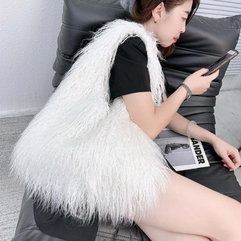 X7XC Edgy Y2K Plush Shoulder Bag Blazings Hot Vixens Long Hair Bag Underarm Girls Bag