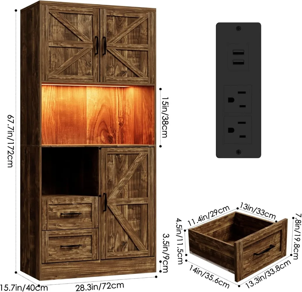 Kitchen Pantry Storage Cabinet with LED Lights and Power Strip, Tall Farmhouse Kitchen Pantry with Barn Doors and Drawers,