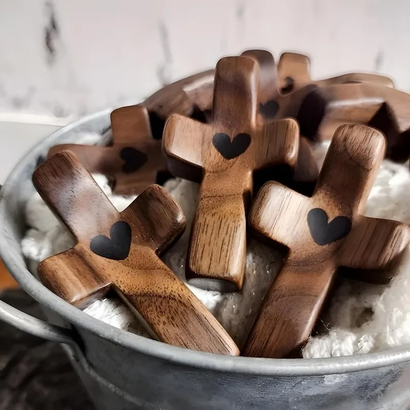 Pocket-Sized Olive Wood Cross - Heart Cutout Wooden Religious Cross for Prayer and Comfort - Encouragement Gift for Christmas