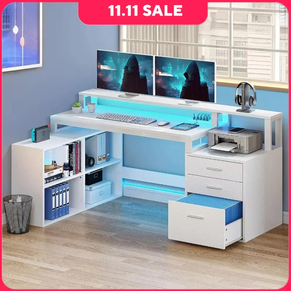 

65 Inches Computer Desk File Cabinet Power Outlets Monitor LED Lights Shelf Writing Shelves Drawer Office Study，Computer Desk