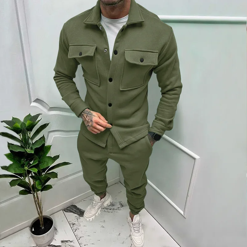 Chaqueta para hombre, conjunto de pantalones Cargo con botón de bolsillo, chándal azul para primavera y otoño, traje de 2 piezas de moda masculina