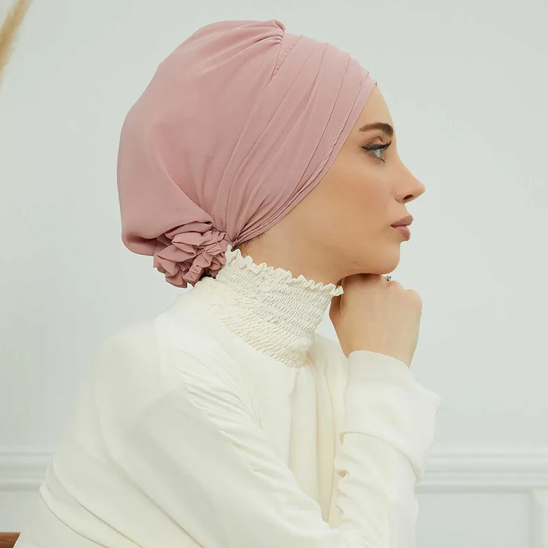 Pianura musulmano istantaneo Turbante cappello interno hijab berretti donne islamico Bandana cofano India cappelli femminile copricapo Turbante Mujer fiore