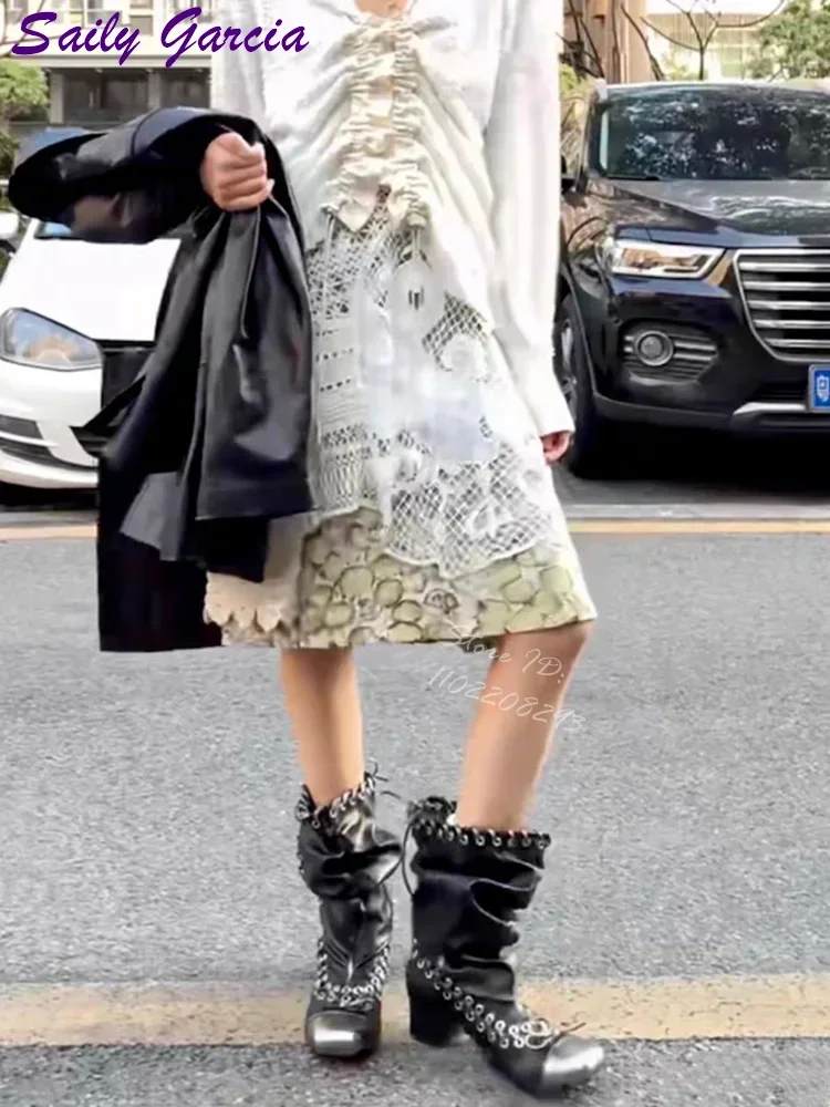 Botas Biker Negras de Media Pantorrilla con Punta Cuadrada, Cordones, Tacón Bajo Grueso, Estilo Punk Gótico, Motociclista, Y2K Streetwear 2026, Zapatos Diarios para Mujer