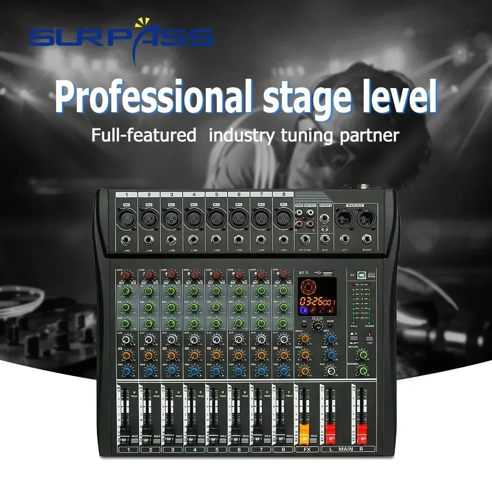 

8 Channel Audio Mixing Console 3 Band EQ Sound Mixer 48V Phantom Power USB Play Record Bluetooth LED Display DJ Control Table