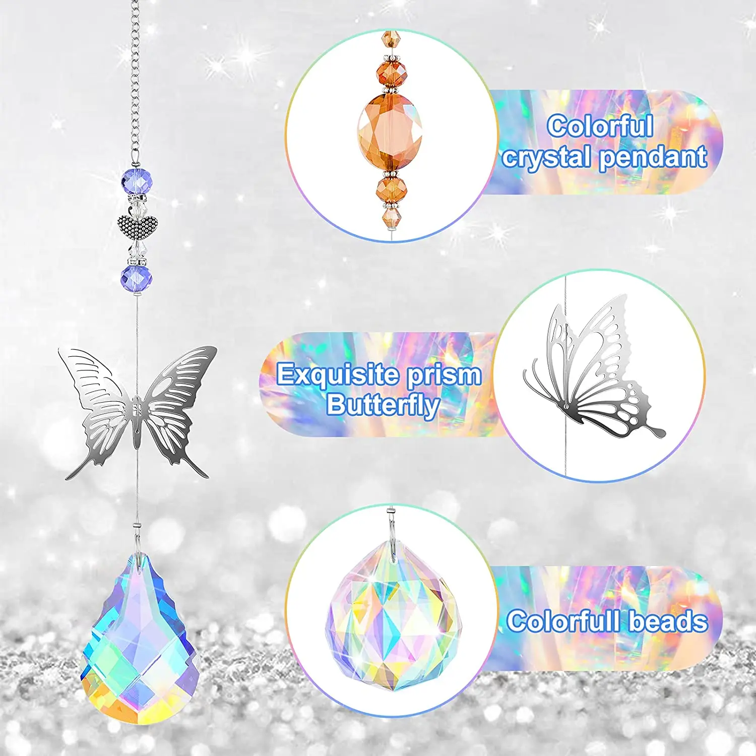 7 Pieces Butterfly Crystals Hanging Beads Colorful Crystal Chandelier Pendant Wall Hanging Tree Window Prism Ornament