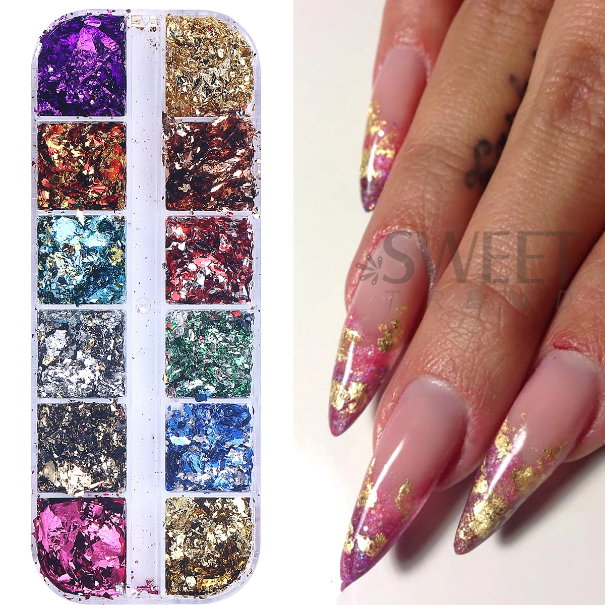 12 grades de folhas de ouro de cor dupla lindo brilho de unhas brilhos irregulares aleatórios flocos de alumínio paillette chip design decoração