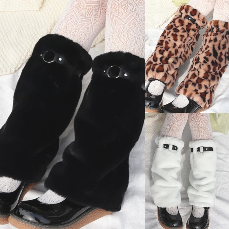 Women Girls Winter Plush Leg Warmers with Faux Leather Buckle Belt Japanese Student Knee High Socks Faux Fur Foot