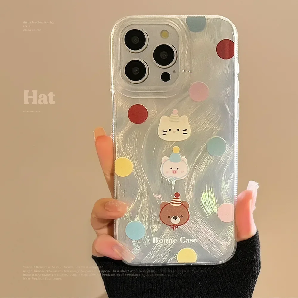 Korean Style Colorful Polka Dot Bear Phone Case for IPhone16 15 14 12 13 11 Pro ProMax Plus X XR Shockproof Phone Cover