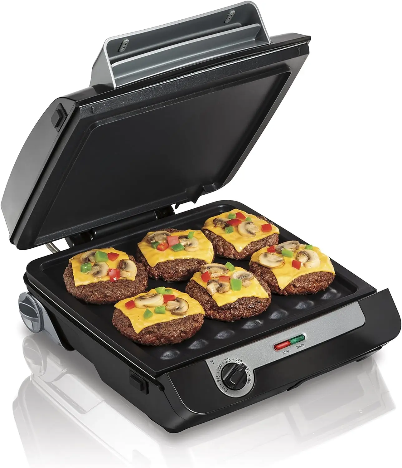 4-in-1 Indoor Grill & Electric Griddle Combo with Bacon Cooker, Opens Flat to Double Cooking Surface, Removable Nonstick Plates