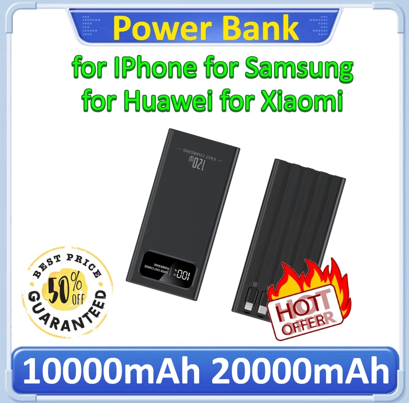 

Power Bank 120W Fast Charging External Battery Large Capacity Digital Display PowerBank for IPhone for Xiaomi 10000mAh 20000mAh