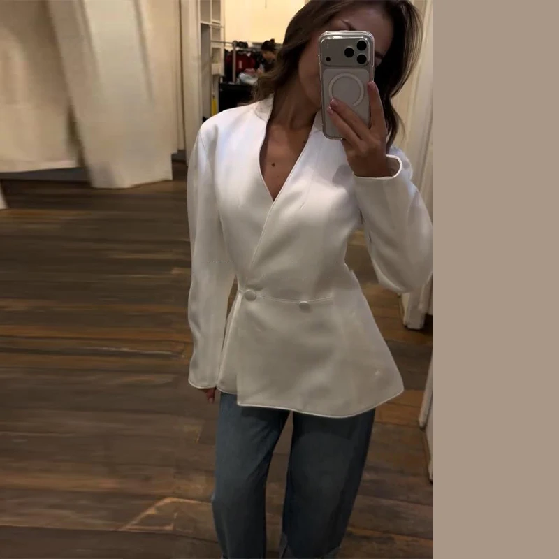 Satin V-Ausschnitt Tailliertes Anzugjackett für Damen Elegante Langarm Doppelreihige Schlichte Schlanke Mäntel Modische Damen Neue Oberbekleidung – Detail 1