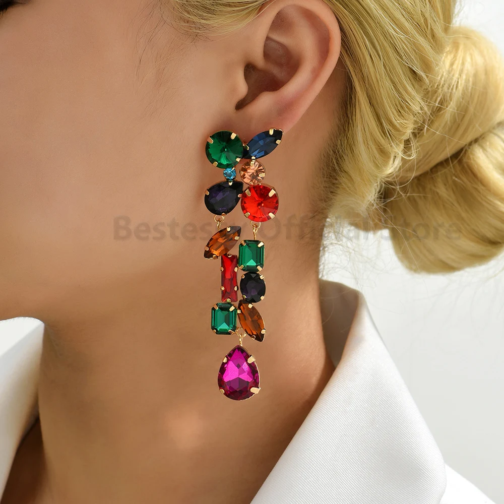 Geometric Colorful Glass Fancy Long Drop Earrings For Women New Trend Luxury Design Copper Chain Jewelry Party Ear Accessories