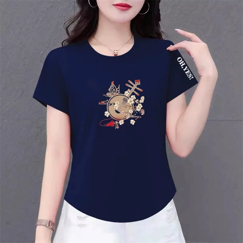 Camiseta holgada de manga corta para mujer, talla grande, estampado clásico, Top informal para mamá, ropa de verano para personas de mediana edad y mayores