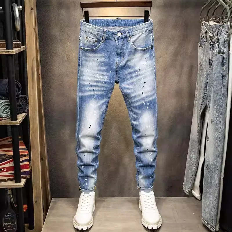 Italian street fashion men's jeans retro light blue elastic tight open front jeans men's designer hip-hop retro jeans hombre