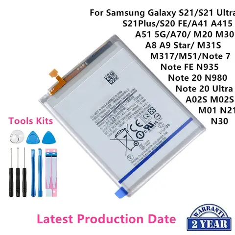 Batteria nuovissima per Samsung Galaxy S21/S21 Ultra/S21Plus/S20 FE/A41/A51 5G/A70/Note 20/ Nota 20 Ultra/A02S
