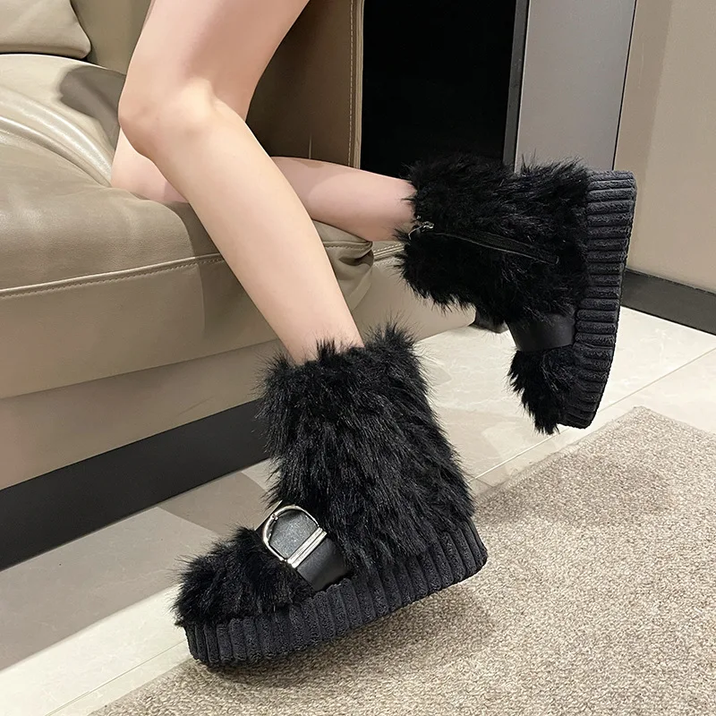 Shoes  Boots Women New 2024 Flat Heel Australia Round Toe Plush Winter Footwear  Snow Rubber Med Fur Mid Calf Lolita with fur Sl