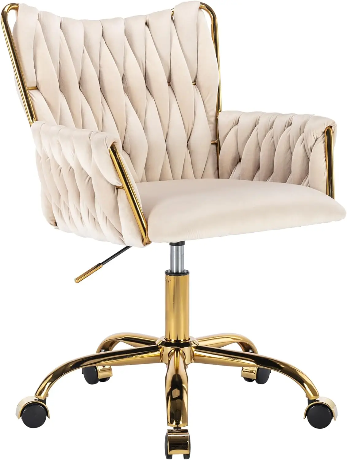 

Modern Velvet Home Office Desk Chair With Hand Woven Backrest, Upholstered Adjustable Makeup Vanity Chair With Armrest And