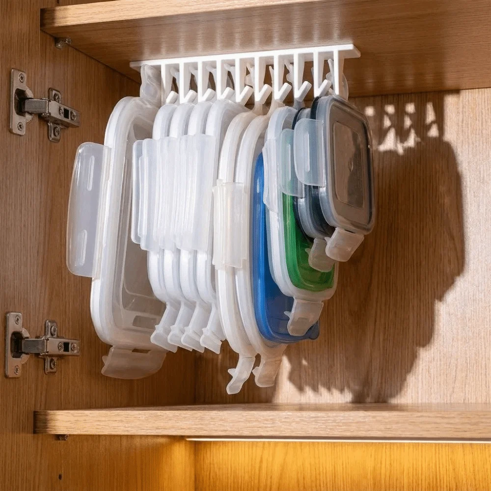 3D Printed Crisper Lid Storage Rack Mold Resistant Space Saving Box Lid Storage Rack Plastic Wall Mounted Multi-slot Lid Hanger