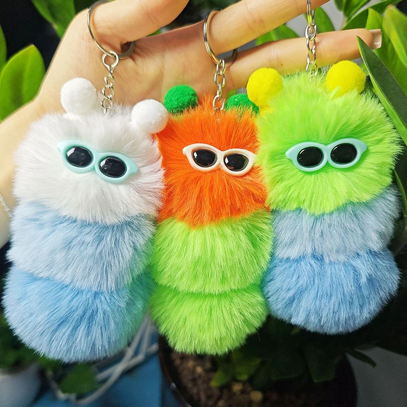 Cute Colorful Plush Caterpillars Keychain With Sunglasses Soft Rabbit Fur Animal Pompom Pendant With Key Rings For Women Handbag