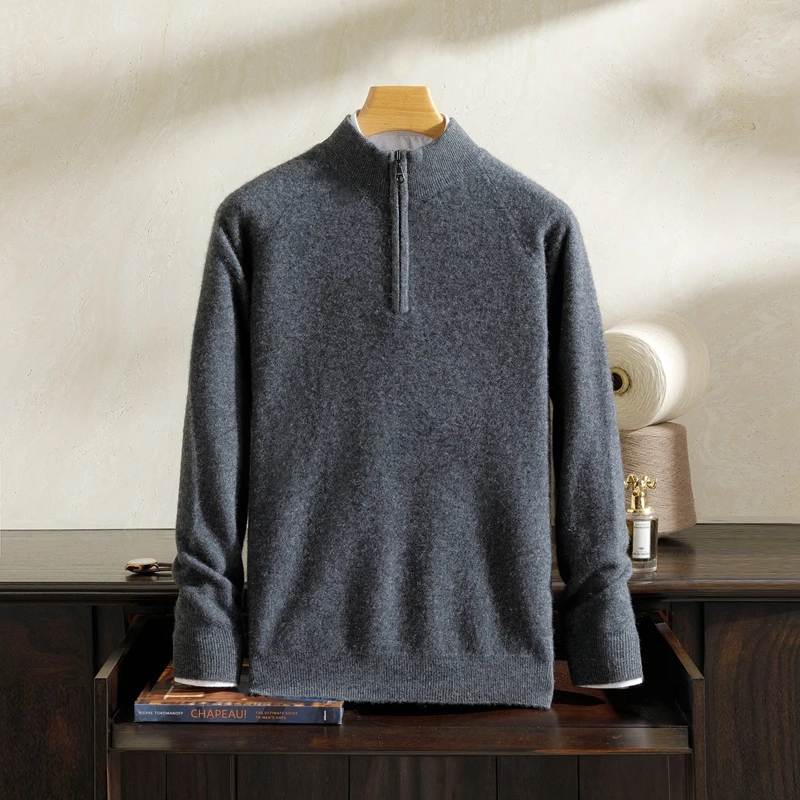 Light Luxury Men 100% Cashmere Sweater Spring Autumn Winter Zipper Pullover Casual Smart Jumpers Soft Warm Knitwear Quality Tops