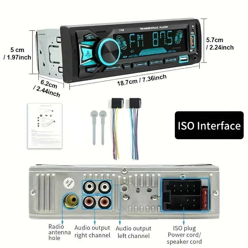 نظام ستيريو للسيارة مع وظيفة لاسلكية، مشغل MP3، راديو FM، مدخل USB/TF/AUX، التحكم في التطبيقات، إضاءة خلفية ملونة، شحن USB