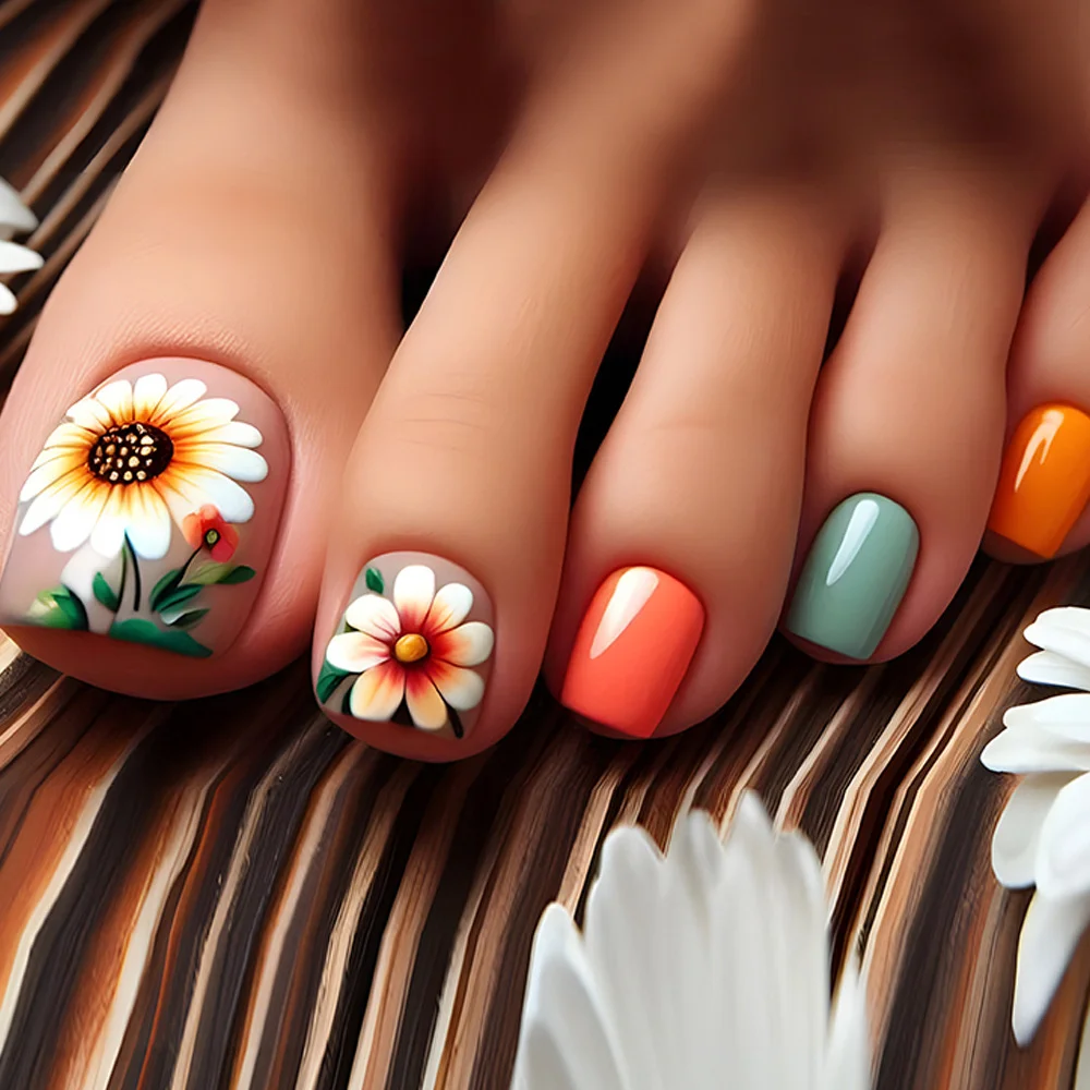 

24pcs/set Short Square Toe Nails Vibrant Sunflowers Fake Nail Tips Press on False Nail Art Kit