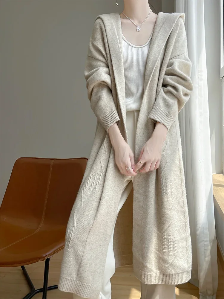 Chic Women's Sweater Autumn Winter Clothing 100% Merino Wool Sweater Hooded Cardigan Casual Windbreaker Knitted Long Outerwears