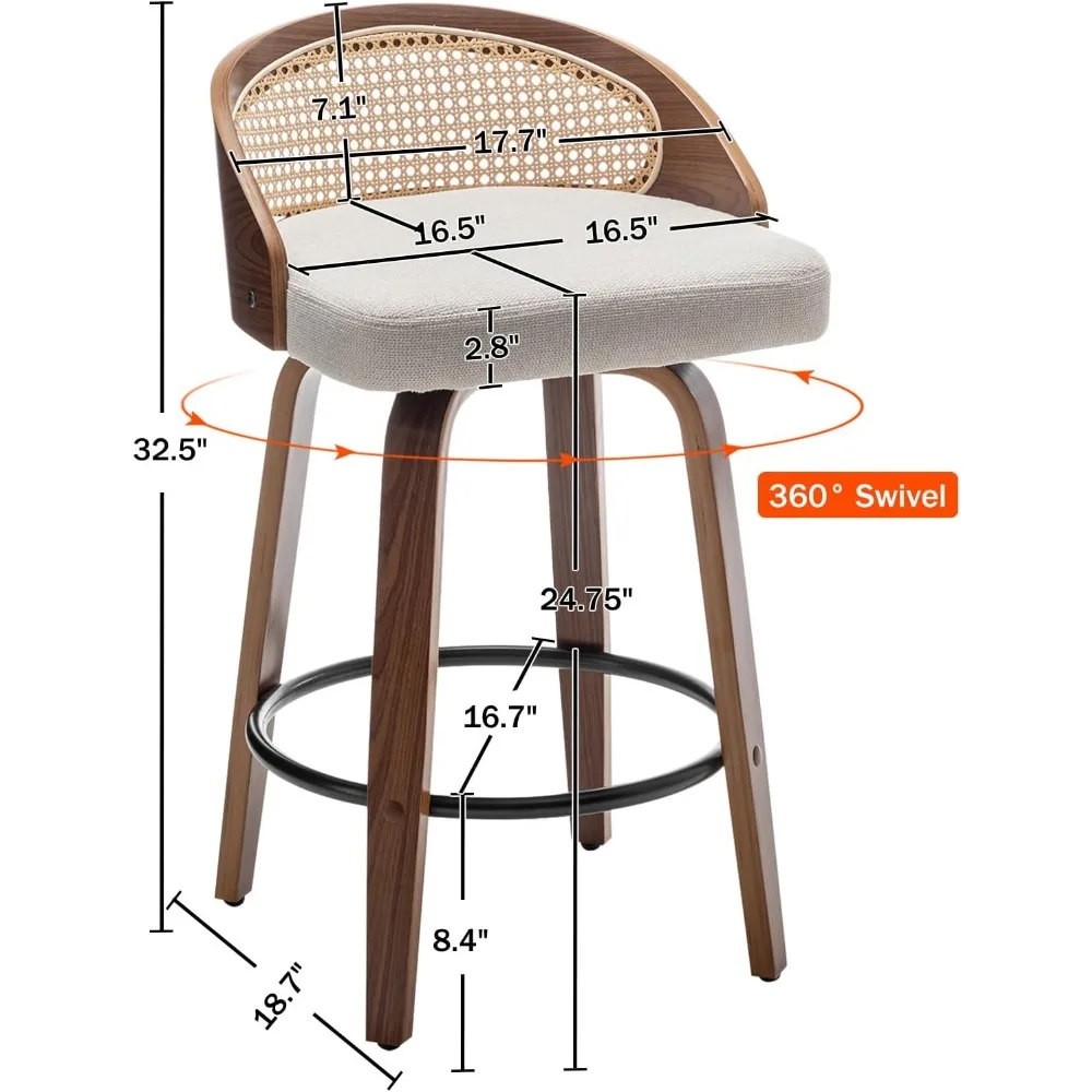 25" Bar Stools Set of 2, Linen Fabric Upholstered Counter Height Stools, Barstools with Rattan Low Backrest, Finish Bar Chair