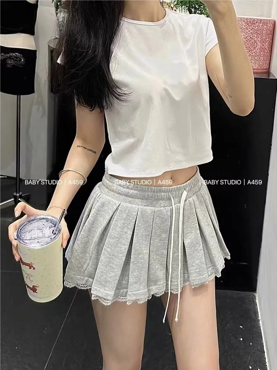 Summer Korean fashion black mini skirt kawaii y2k clothes lace skirts for woman high waist skirts with lace trim drawstrings