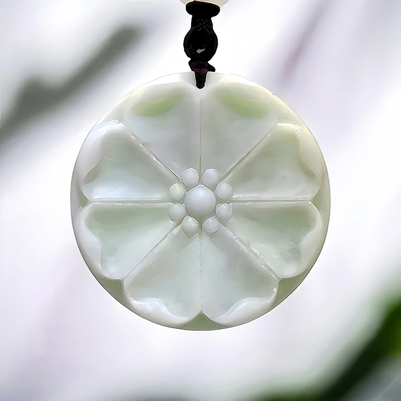 

Natural Real Jade Flower Pendant Necklace Amulet Gifts for Women Men Luxury Charm Vintage Accessories Carved Jewelry Stone