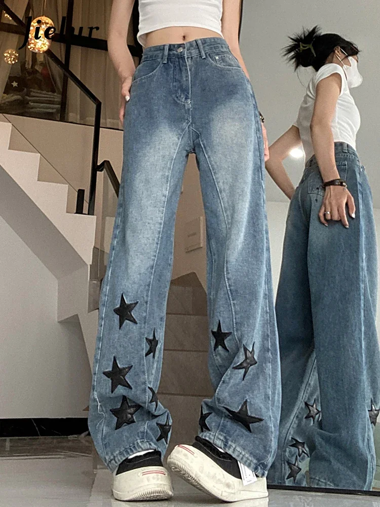 Jielur Stars Printed American Style Female Jeans Summer New Straight Fashion Ins Women's Wide Leg Pants Chic Streetwear Jeans