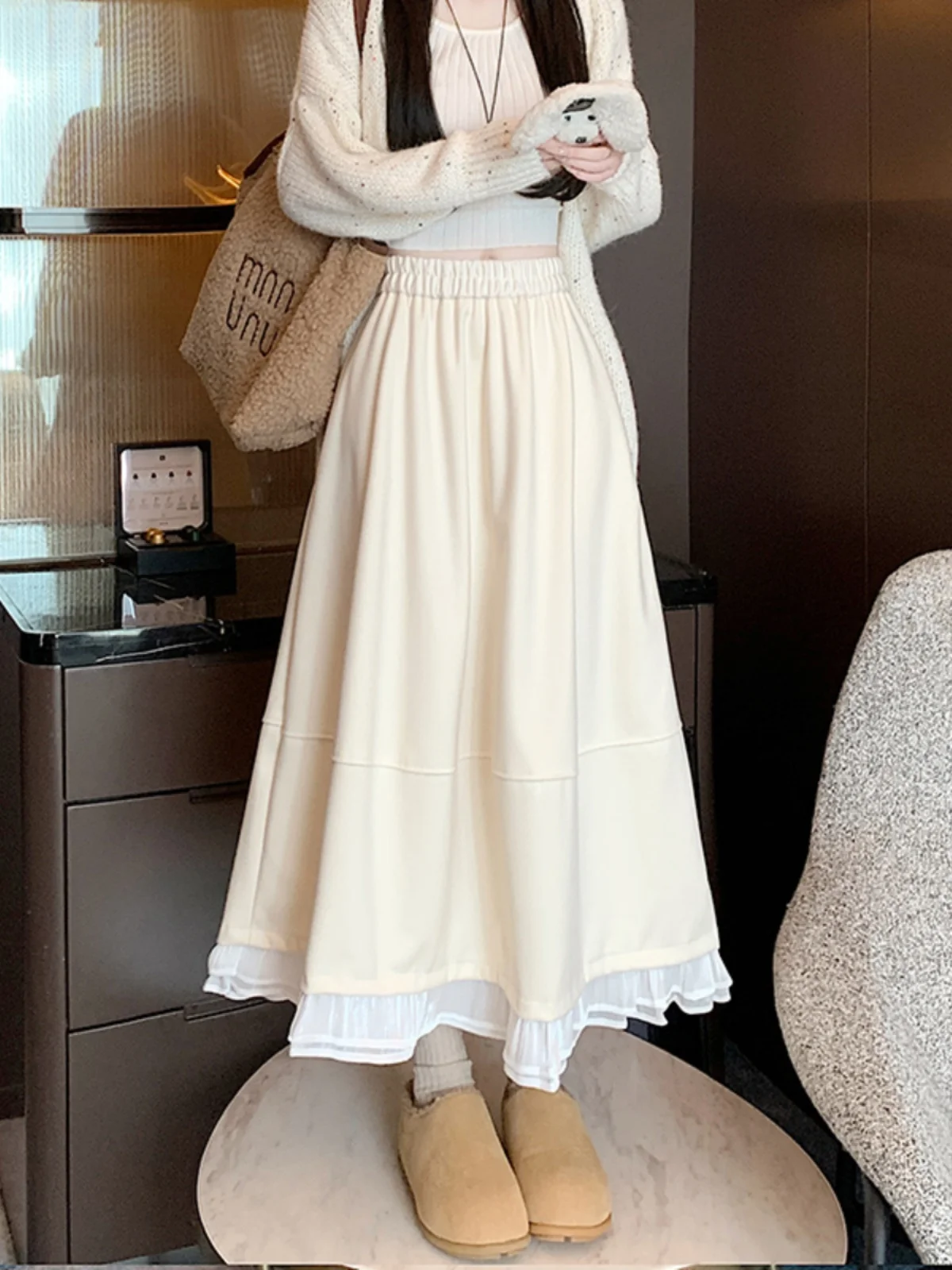 Gray Woolen Skirt with Lace Hem High Waist A-Line Midi Length Maternity Friendly plus Size Autumn Fashion Women's Skirts