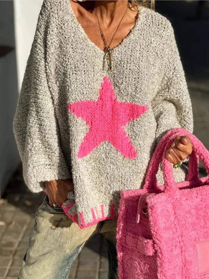 

Autumn Winter Fashion Loose Casual Pullovers Women Long Sleeve V-neck Five-pointed Star Splicing Knitted Sweater For Woman