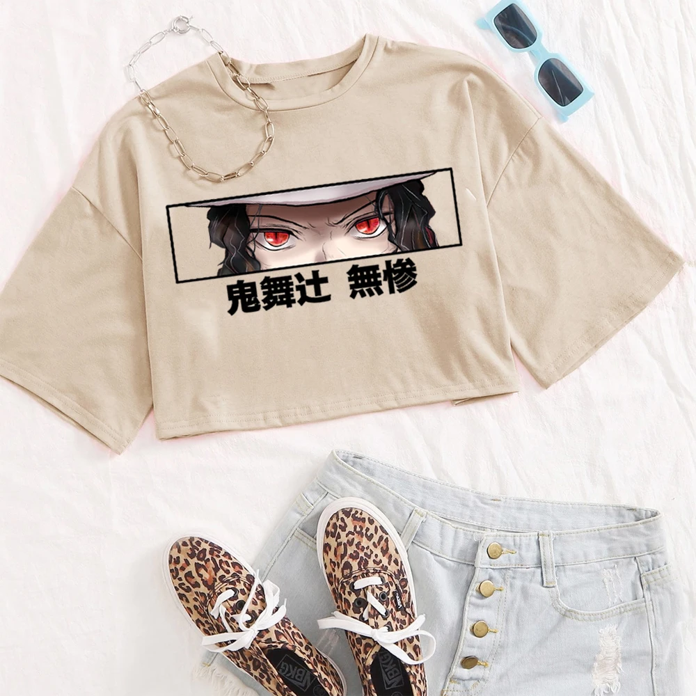 أنيمي شيطان القاتل Muzan Kibutsuji قميص المرأة س الرقبة قصيرة الأكمام المحاصيل القمم تي شيرت هدية